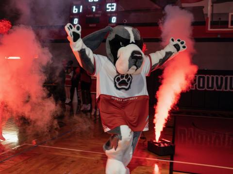 D'Youville mascot walks onto court between smoke and lights