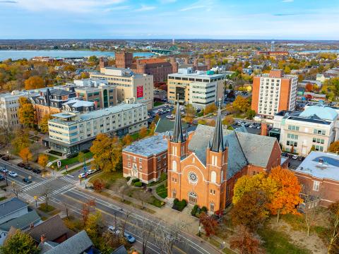 An aerial view of campus in the fall