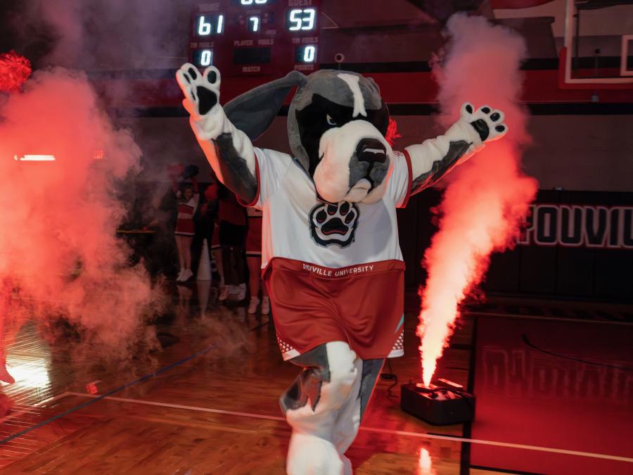 D'Youville mascot walks onto court between smoke and lights